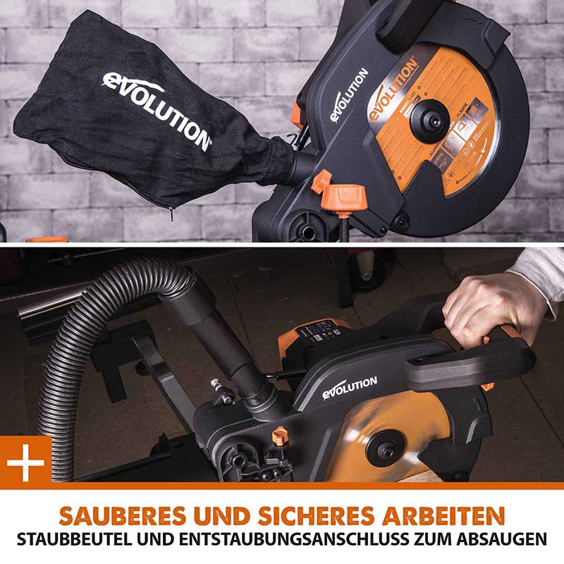 Evolution R255SMS+ 255mm Schiebe-Kapp- und Gehrungssäge mit TCT-Multi-Material-Sägeblatt und Gehrungssägeständer - Image 16