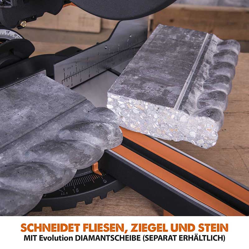 Evolution R255SMS+ 255mm Schiebe-Kapp- und Gehrungssäge mit TCT-Multi-Material-Sägeblatt und Gehrungssägeständer - Image 9
