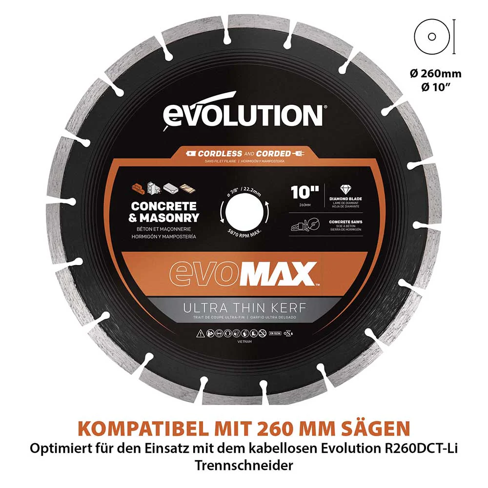 EVOMAX 260mm Premium-Diamantscheibe Ultra-Thin-Kerf Cordless Betonsägeblatt - Image 9