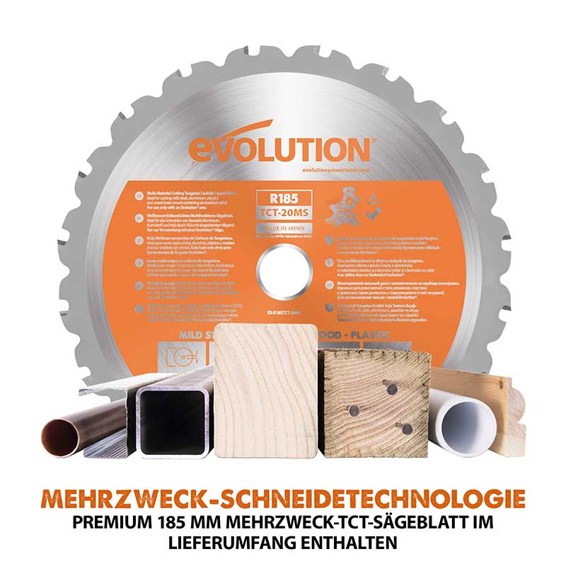 Evolution kabellose R185CMS-Li 185mm Kapp- und Gehrungssäge 18V-Li-Ion EXT mit Akku und Ladegerät inklusive Multi-Material-Sägeblatt - Image 9