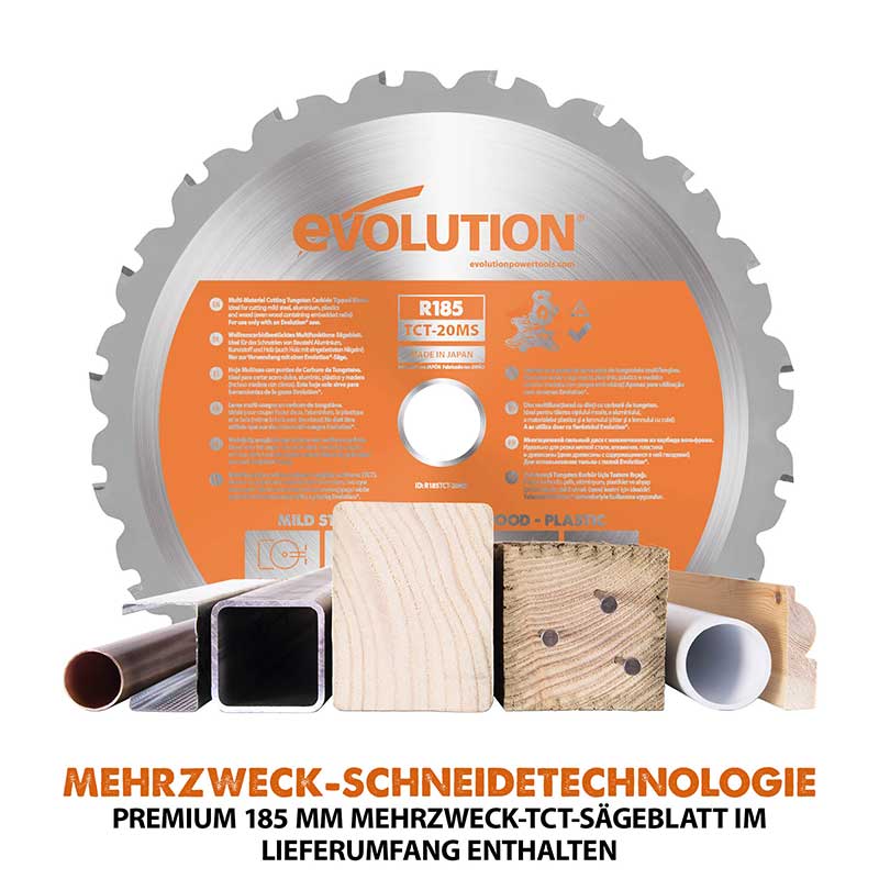 Evolution kabellose R185SMS-Li 185mm Schiebe-Kapp- und Gehrungssäge 18V-Li-Ion EXT mit Akku und Ladegerät inklusive Multi-Material-Sägeblatt - Image 3
