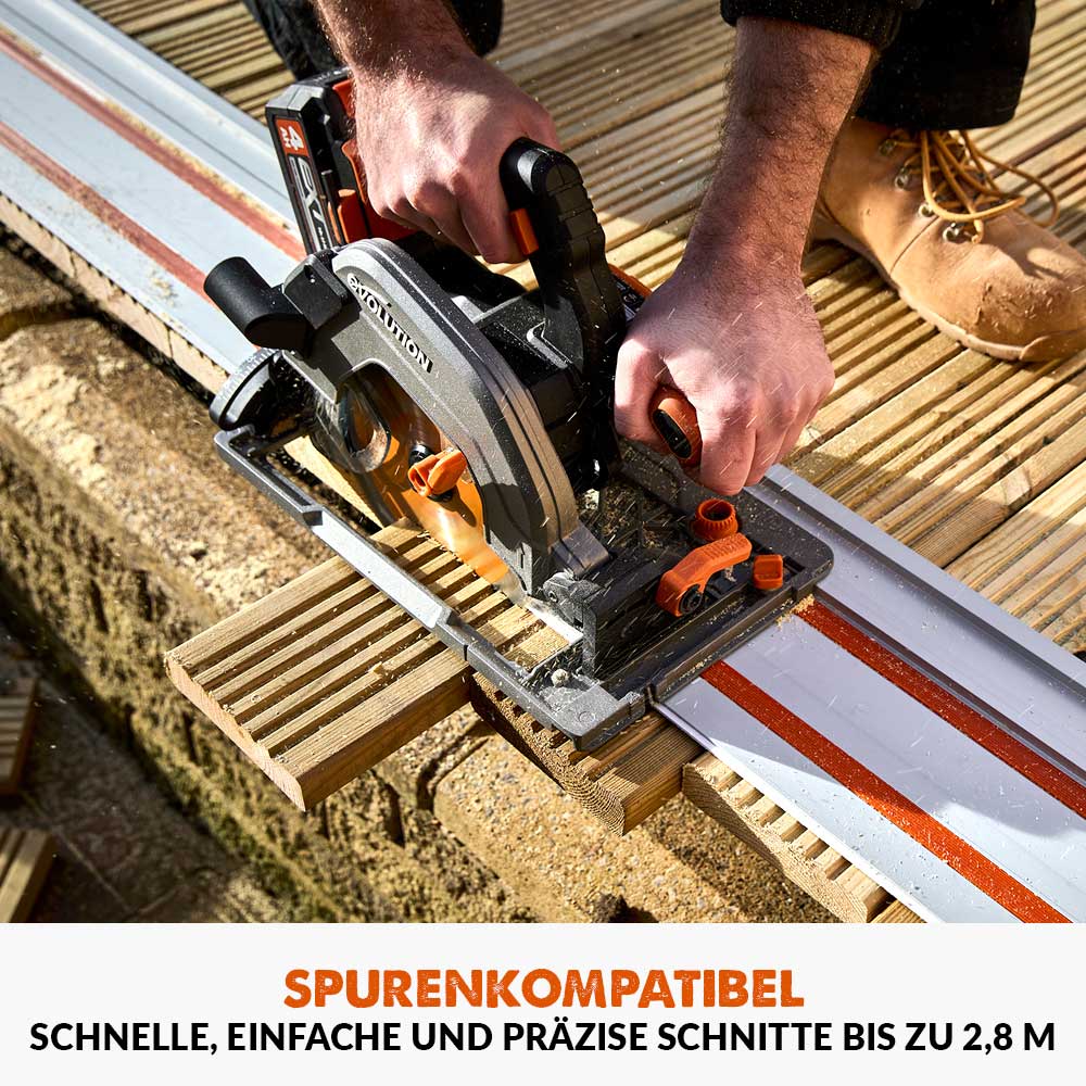 Evolution R185CCSX-Li Akku-Handkreissäge, 18V, Li-Ion EXT Schienen-kompatible Kreissäge mit ST2800-G2 Universal 2.8m Kreissägebahn, Sägeschienen (2x 1400mm) und 185mm Multi-Material-Sägeblatt - Image 4