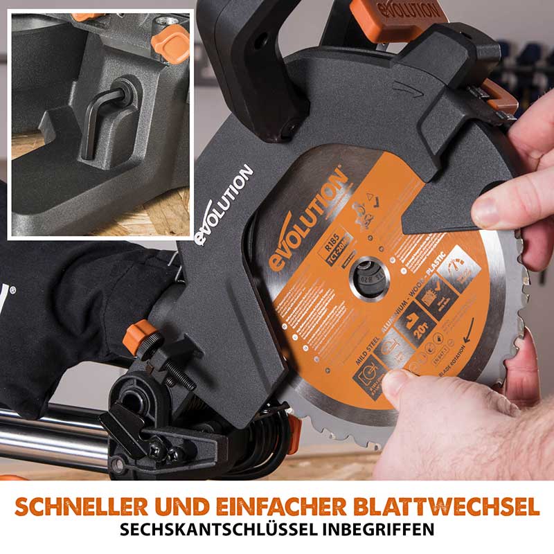 Evolution R185SMS+ 185mm Schiebe-Kapp- und Gehrungssäge mit TCT-Multi-Material-Sägeblatt - Image 17
