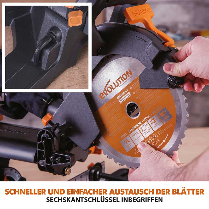 Evolution R210SMS-300+ 210mm Schiebe-Kapp- und Gehrungssäge mit TCT-Multi-Material-Sägeblatt - Image 17