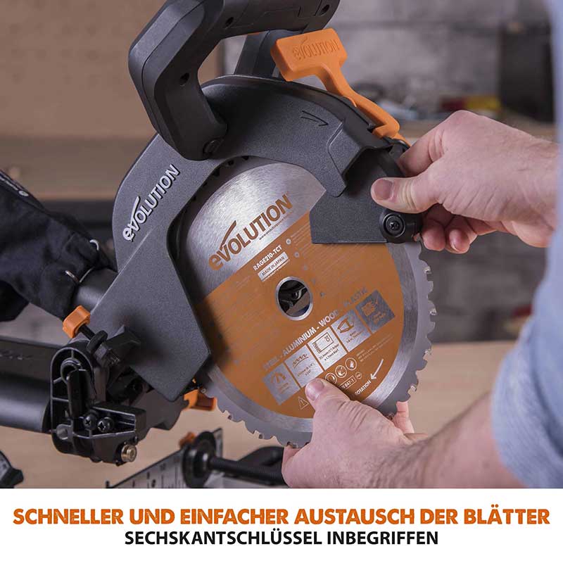 Evolution R210SMS+ 210mm Schiebe-Kapp- und Gehrungssäge mit TCT-Multi-Material-Sägeblatt - Image 16