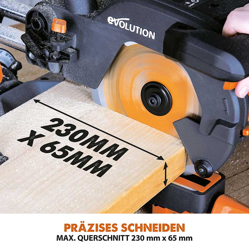 Evolution R210SMS+ 210mm Schiebe-Kapp- und Gehrungssäge mit TCT-Multi-Material-Sägeblatt - Image 4