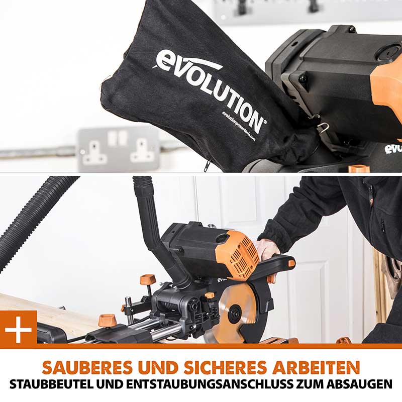 Evolution R255SMS-DB+ 255-mm-Gehrungs- und Kappsäge mit +/- 45°, und 28T TCT-Multi-Material-Sägeblatt - Image 14